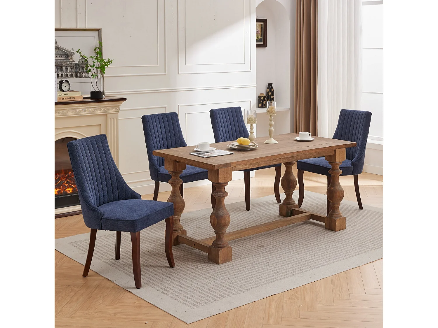 Lot de 2 chaises de salle à manger - Chaises avec pieds courbés en bois massif et dossiers rembourrés - chenille bleu