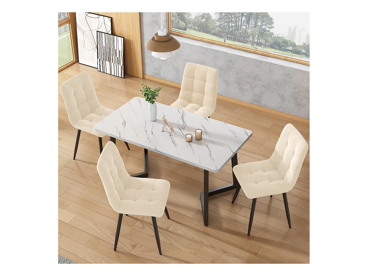 Lot de 4 chaises de salle à manger - Chaises avec dossier rembourré et pieds en métal - velours beige