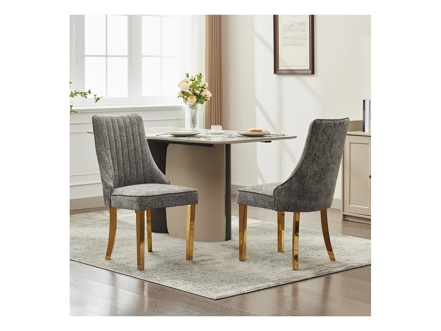 Lot de 2 chaises de salle à manger - Chaises avec pieds en acier inoxydable galvanisé doré et dossiers rembourrés - chenille gris