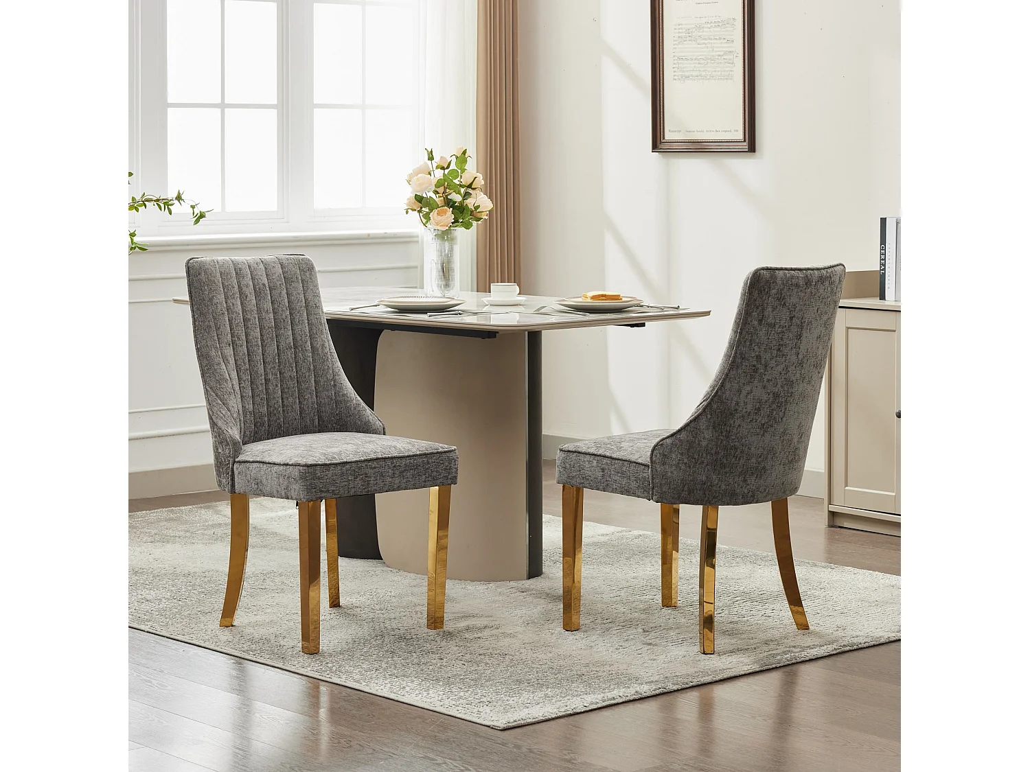 Lot de 2 chaises de salle à manger - Chaises avec pieds en acier inoxydable galvanisé doré et dossiers rembourrés - chenille gris