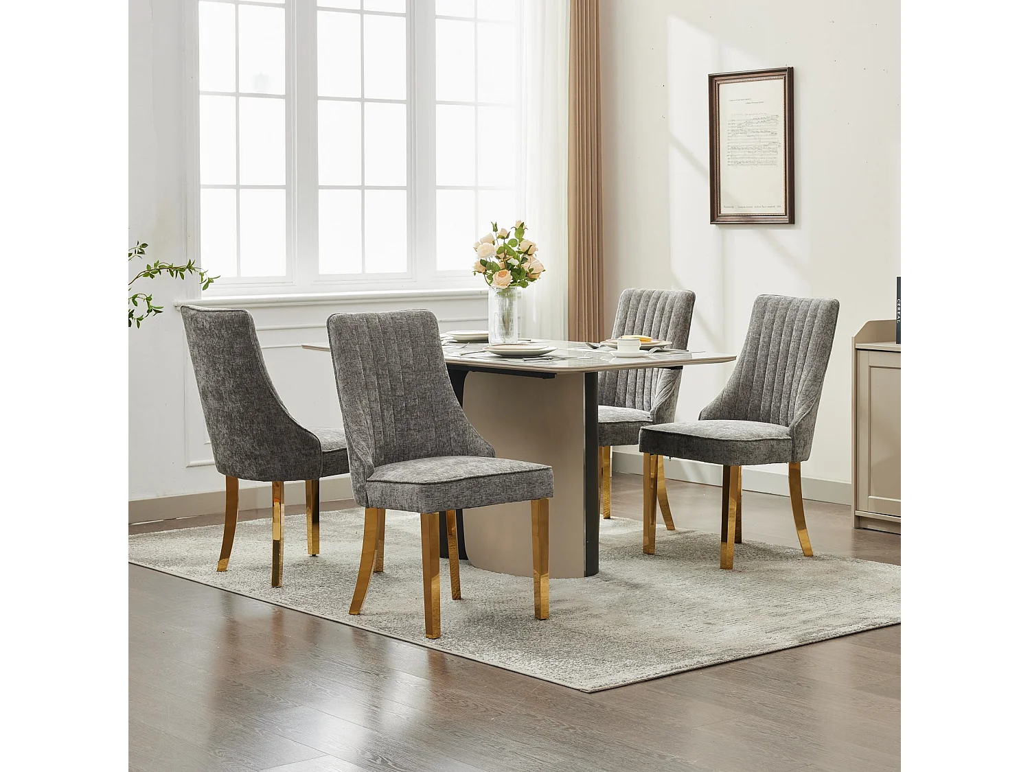 Lot de 2 chaises de salle à manger - Chaises avec pieds en acier inoxydable galvanisé doré et dossiers rembourrés - chenille gris