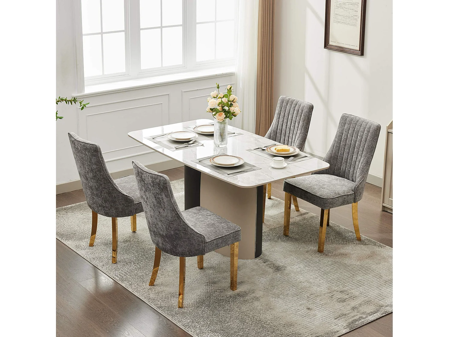 Lot de 2 chaises de salle à manger - Chaises avec pieds en acier inoxydable galvanisé doré et dossiers rembourrés - chenille gris