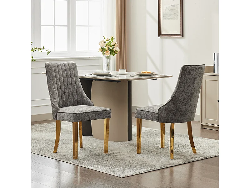 Lot de 2 chaises de salle à manger - Chaises avec pieds en acier inoxydable galvanisé doré et dossiers rembourrés - chenille gris