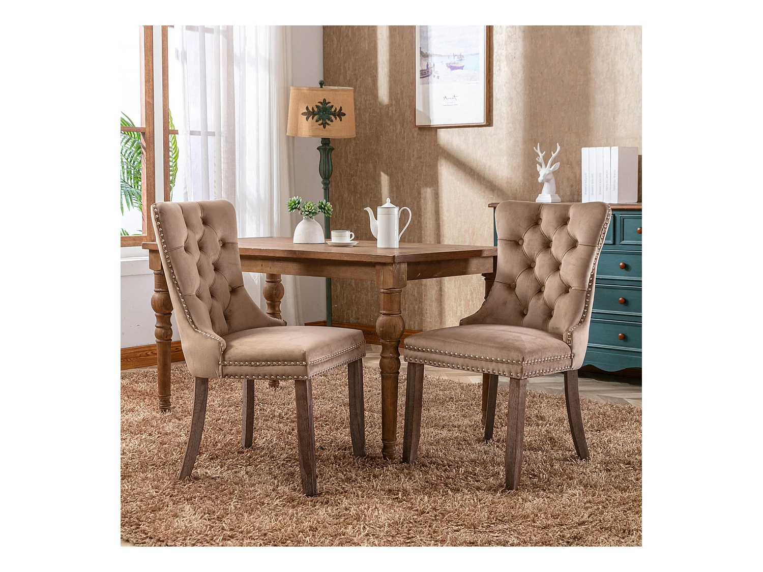 Lot de 2 chaises de salle à manger - Chaises avec dossier rembourré, pieds en bois et garniture cloutée - velours kaki