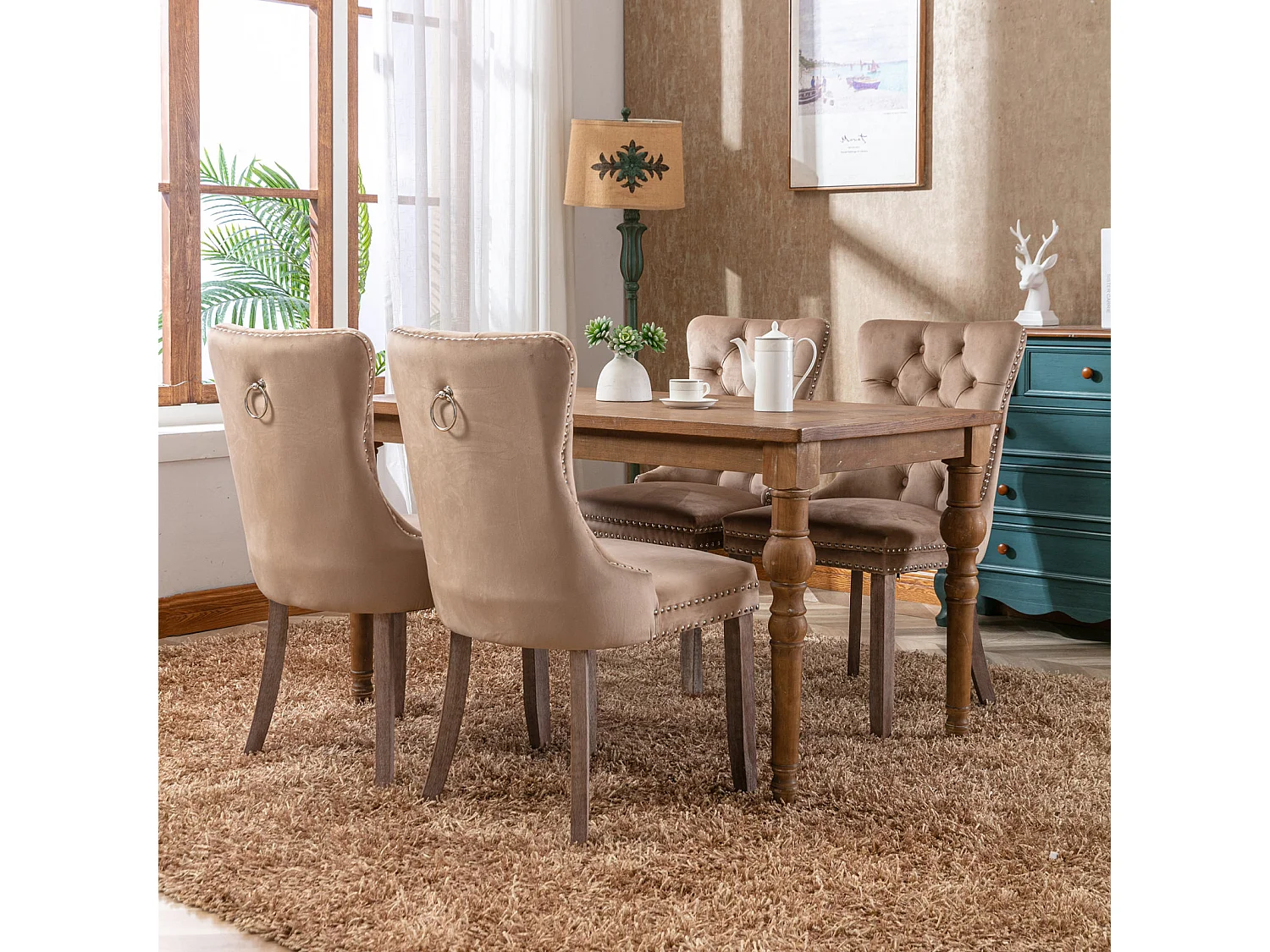 Lot de 2 chaises de salle à manger - Chaises avec dossier rembourré, pieds en bois et garniture cloutée - velours kaki