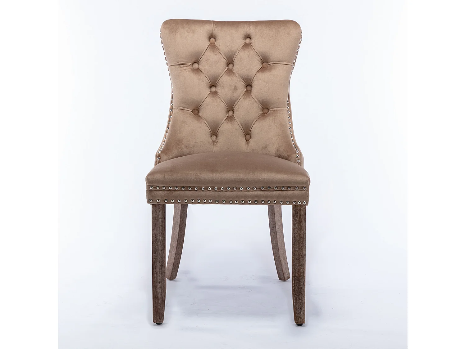 Lot de 2 chaises de salle à manger - Chaises avec dossier rembourré, pieds en bois et garniture cloutée - velours kaki