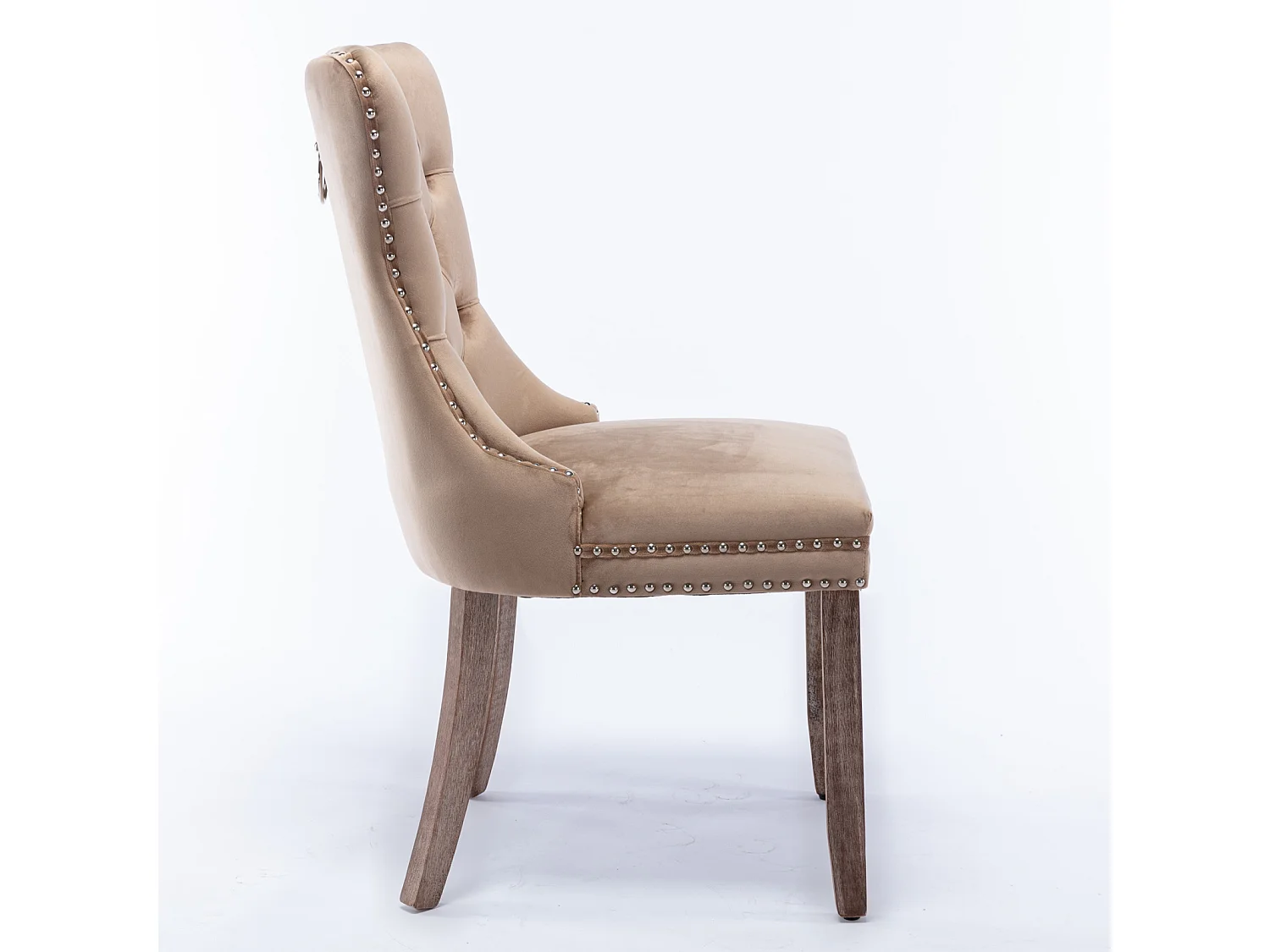 Lot de 2 chaises de salle à manger - Chaises avec dossier rembourré, pieds en bois et garniture cloutée - velours kaki