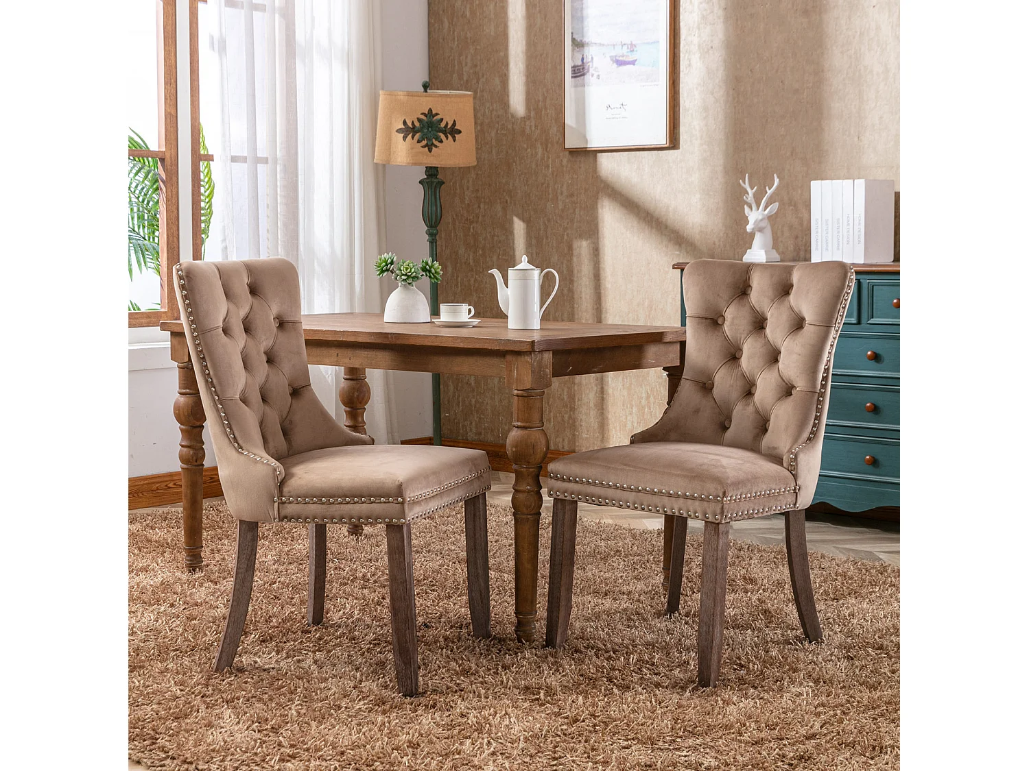 Lot de 2 chaises de salle à manger - Chaises avec dossier rembourré, pieds en bois et garniture cloutée - velours kaki