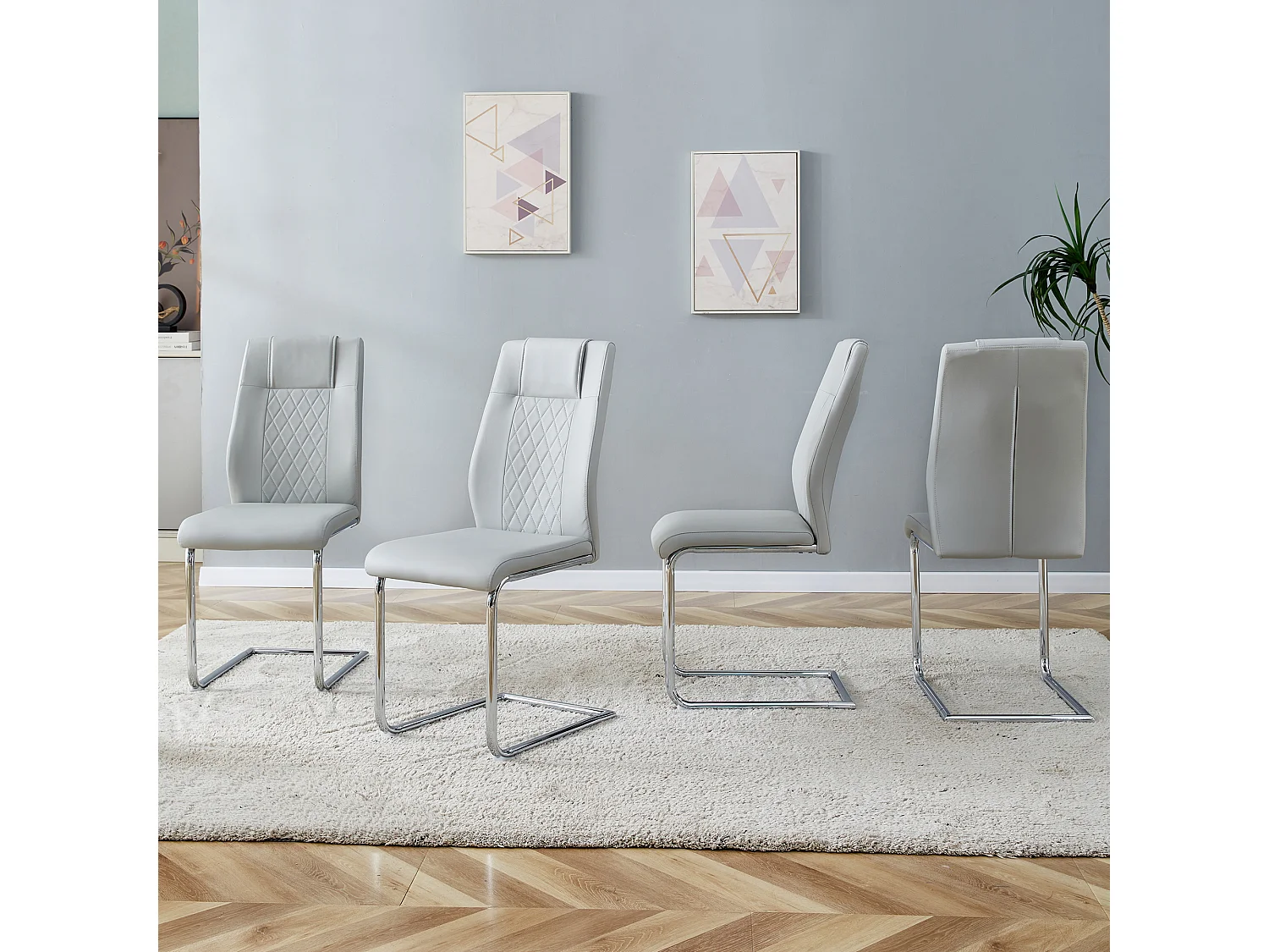 4er-Set Esszimmerstühle - Esszimmerstuhl mit Rückenlehne und Antirutschgleitern - Silberglänzende Metallbeine - Hellgraues PU