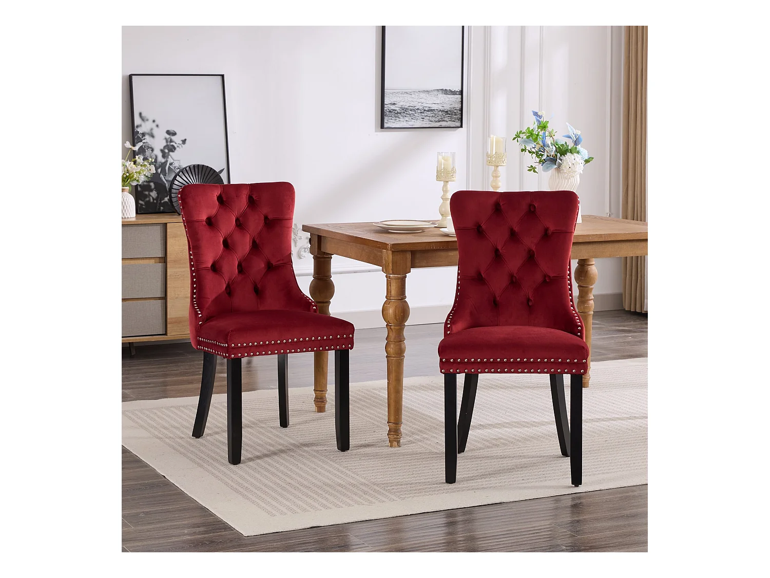 Lot de 2 chaises de salle à manger - Chaises avec dossier rembourré, pieds en bois et garniture cloutée - velours bordeaux