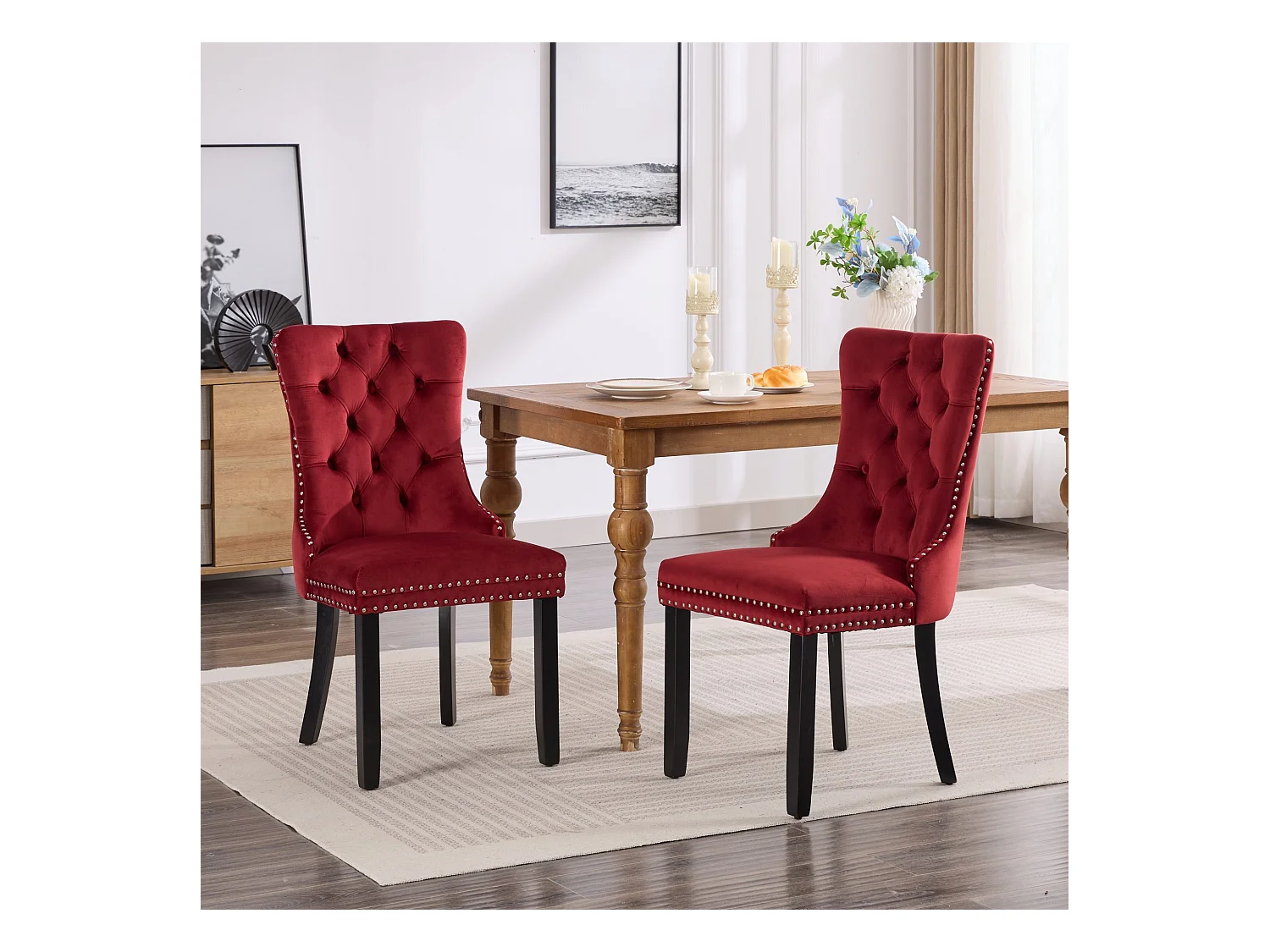 Lot de 2 chaises de salle à manger - Chaises avec dossier rembourré, pieds en bois et garniture cloutée - velours bordeaux