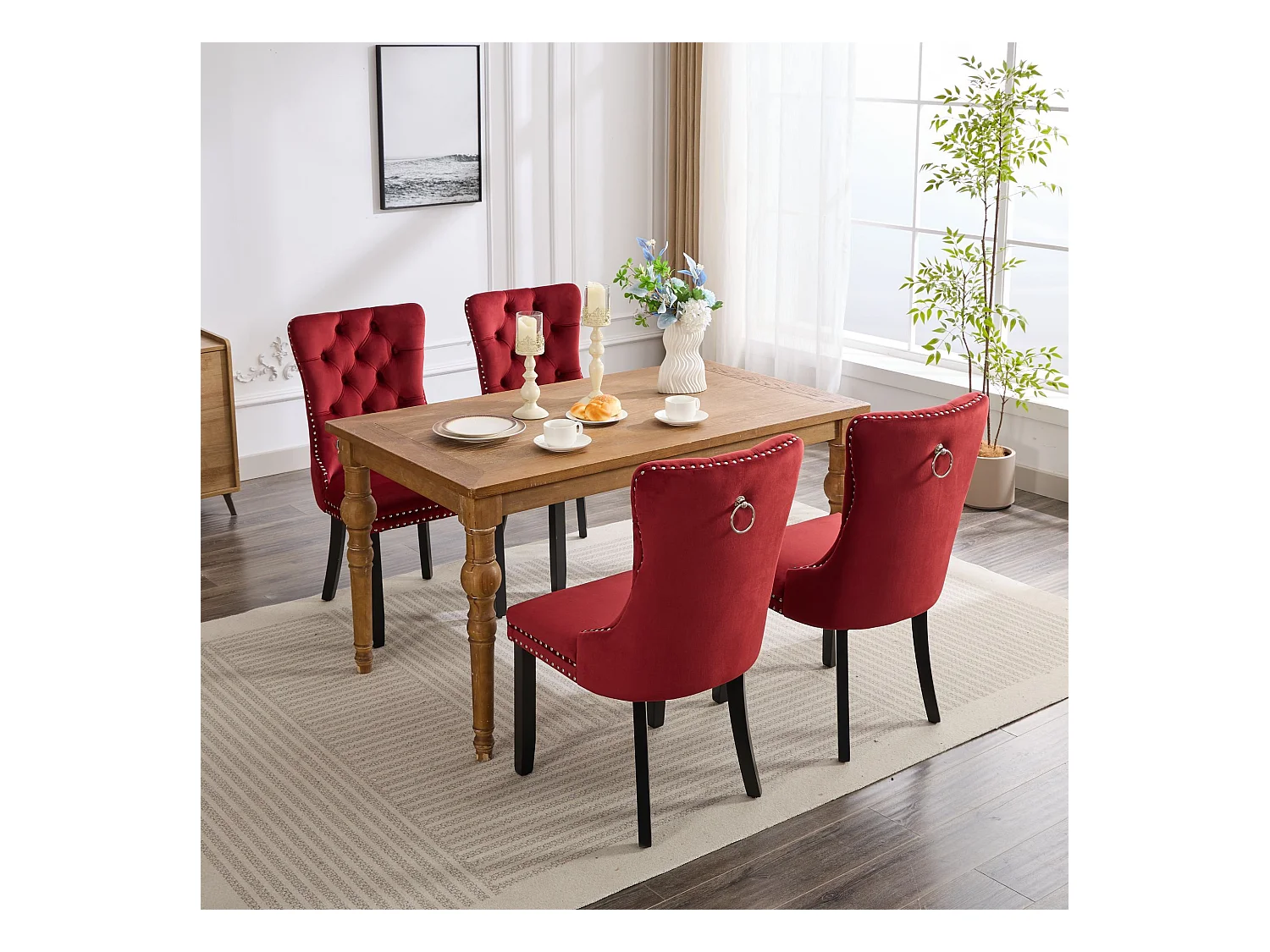 Lot de 2 chaises de salle à manger - Chaises avec dossier rembourré, pieds en bois et garniture cloutée - velours bordeaux