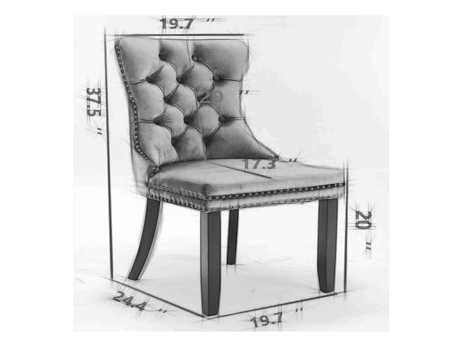 Lot de 2 chaises de salle à manger - Chaises avec dossier rembourré, pieds en bois et garniture cloutée - velours bordeaux