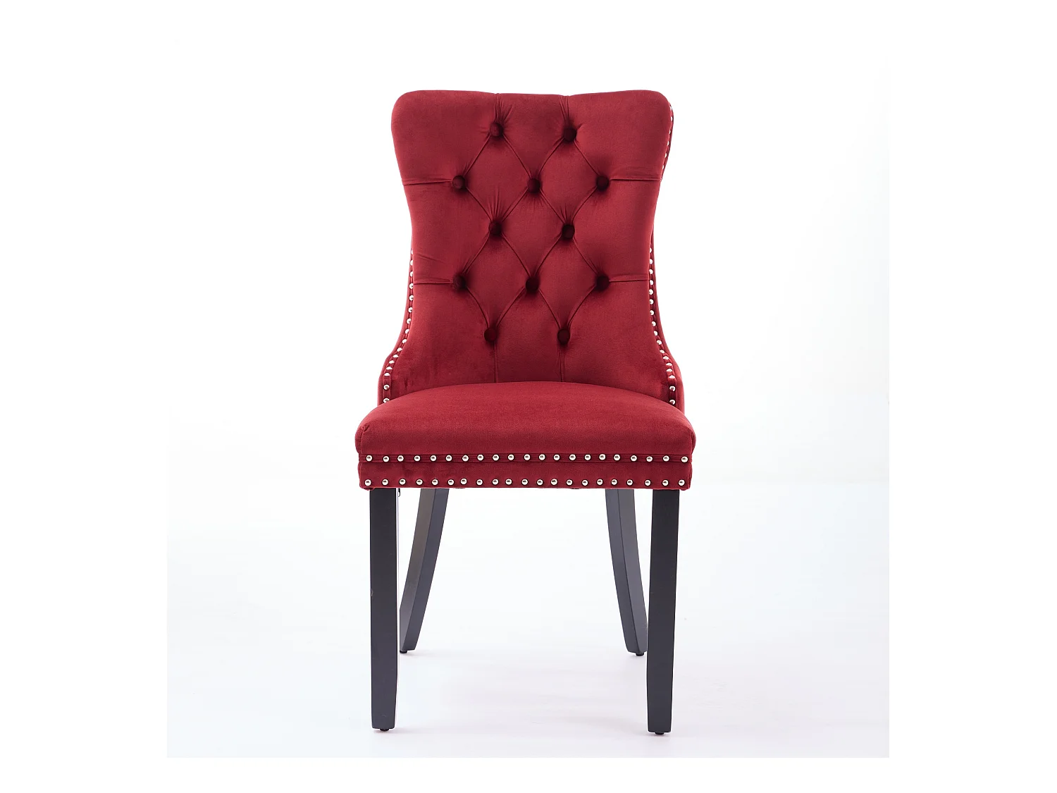 Set van 2 eetkamerstoelen - Stoelen met gewatteerde rugleuningen, houten poten en spijkerkopafwerking - bordeauxrood fluweel