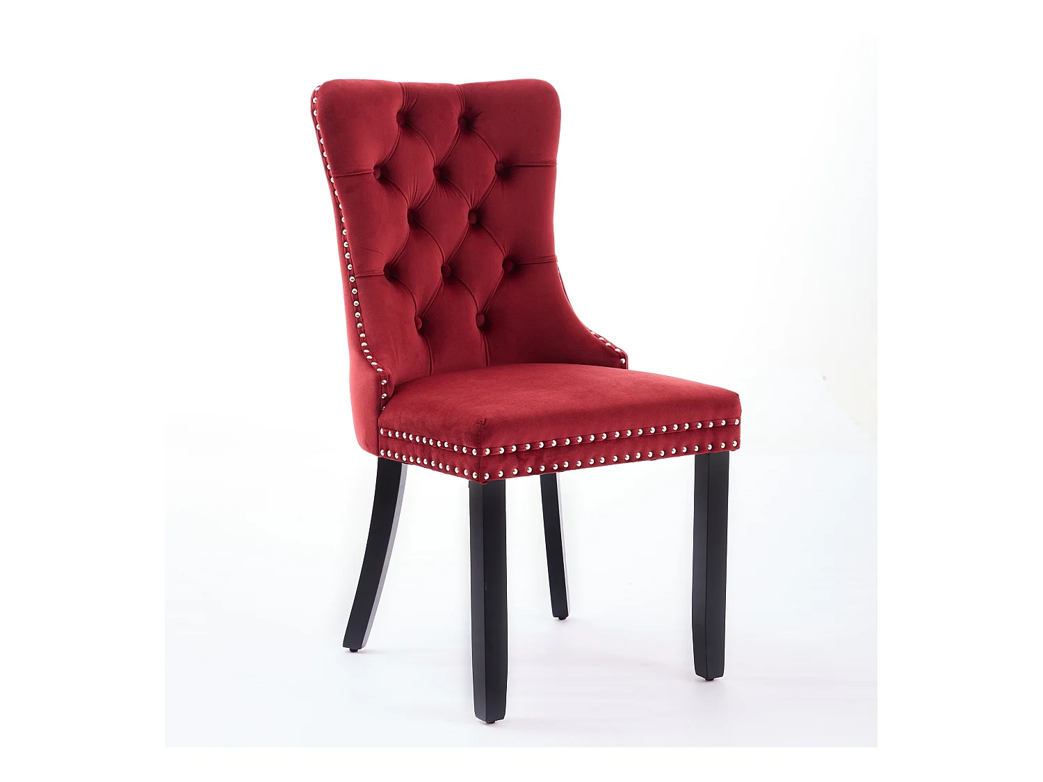 Set van 2 eetkamerstoelen - Stoelen met gewatteerde rugleuningen, houten poten en spijkerkopafwerking - bordeauxrood fluweel