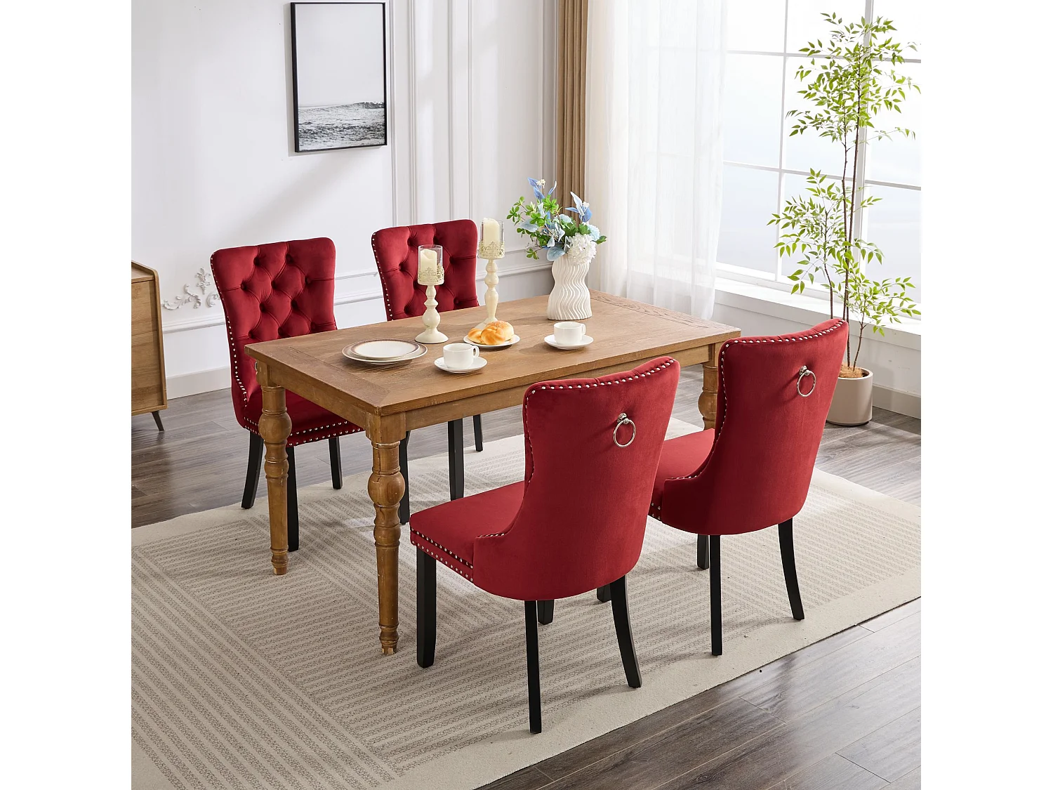 Lot de 2 chaises de salle à manger - Chaises avec dossier rembourré, pieds en bois et garniture cloutée - velours bordeaux