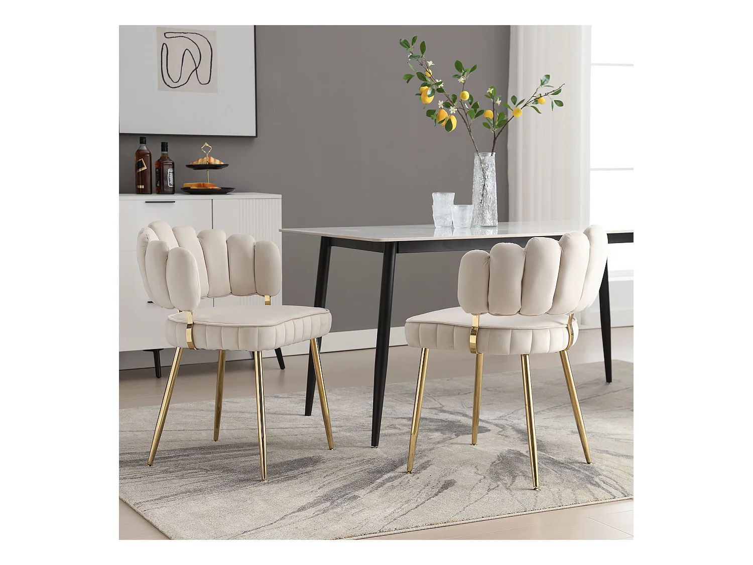 Lot de 2 chaises de salle à manger - Chaise avec accoudoirs et dossier en forme de pétale - velours beige - pour salle à manger et salon