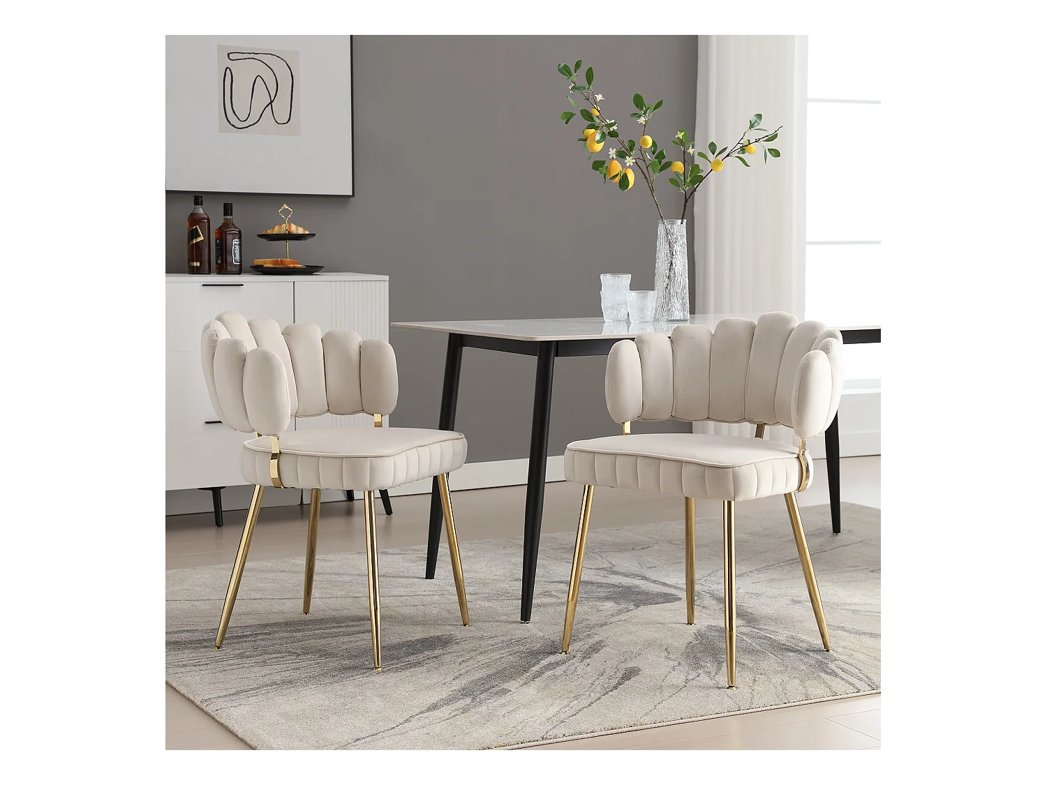 Lot de 2 chaises de salle à manger - Chaise avec accoudoirs et dossier en forme de pétale - velours beige - pour salle à manger et salon
