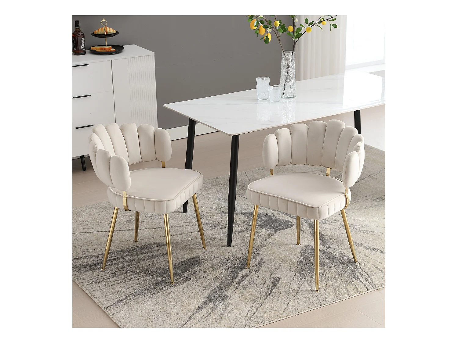 Lot de 2 chaises de salle à manger - Chaise avec accoudoirs et dossier en forme de pétale - velours beige - pour salle à manger et salon