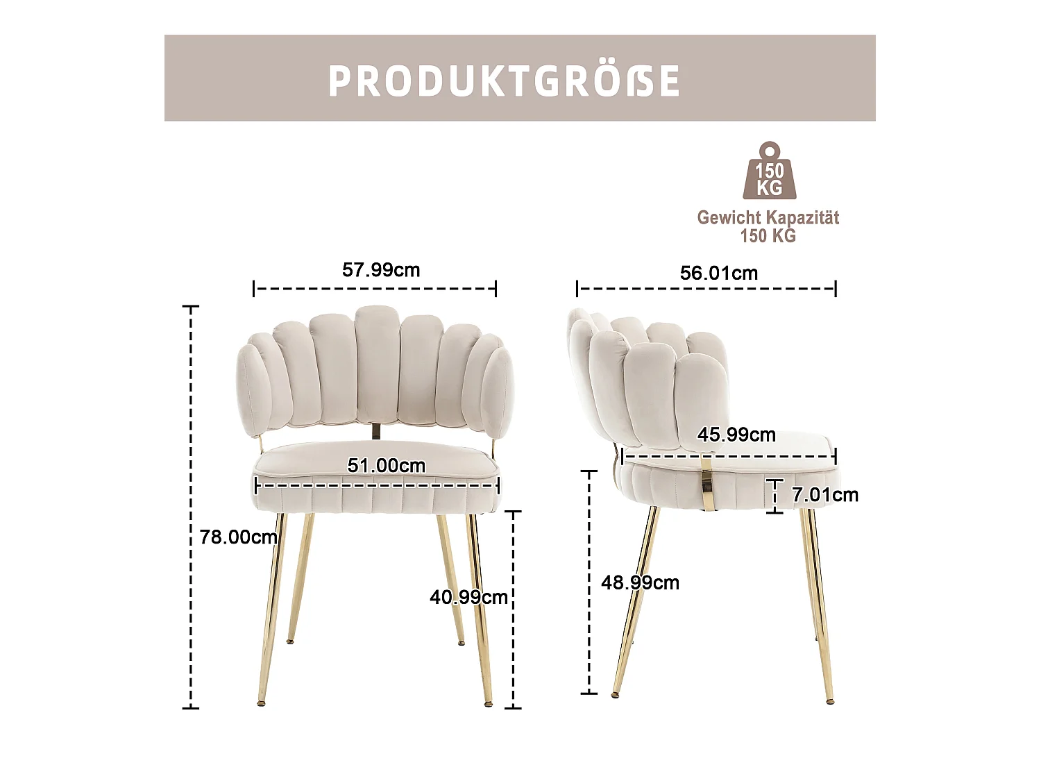 Lot de 2 chaises de salle à manger - Chaise avec accoudoirs et dossier en forme de pétale - velours beige - pour salle à manger et salon
