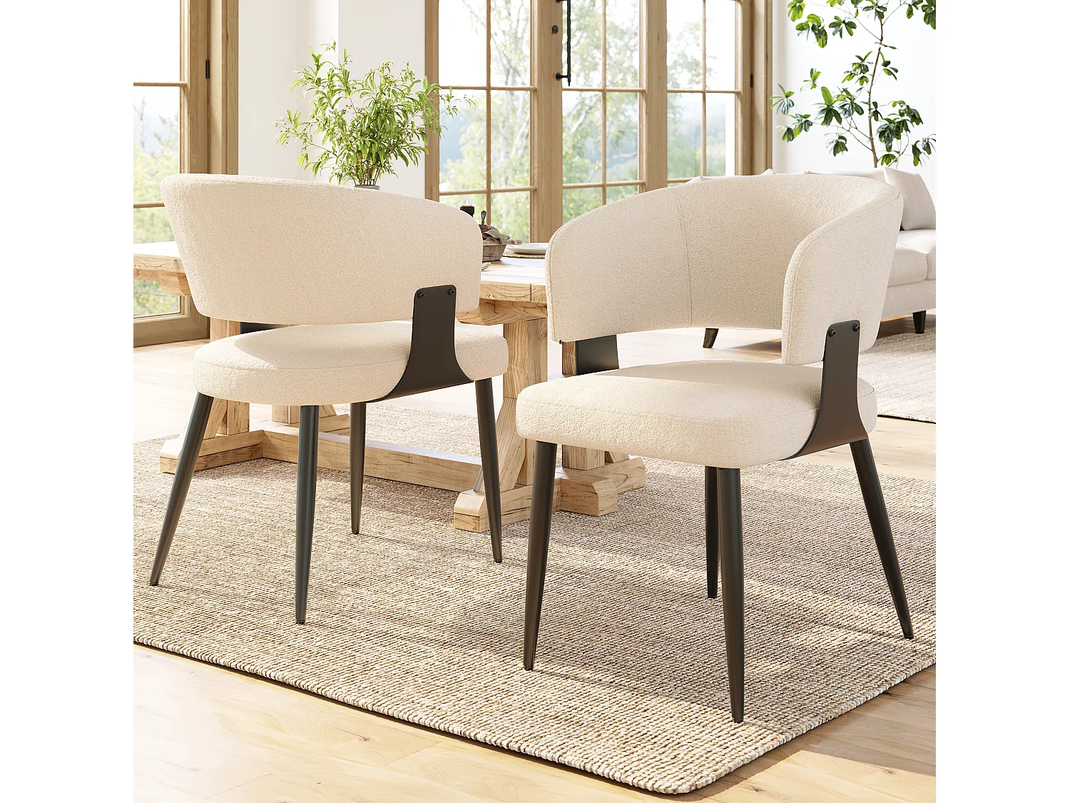 4er Set Esszimmerstühle - Stuhl mit geschwungener Rückenlehne und Armlehnen - lammfell - beige