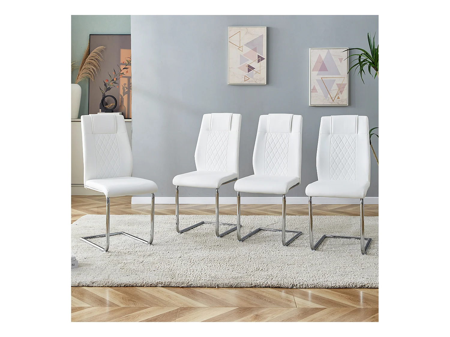 Lot de 4 chaises de salle à manger - Chaise de salle à manger avec dossier et patins antidérapants - pieds en métal argenté brillant - PU blanc