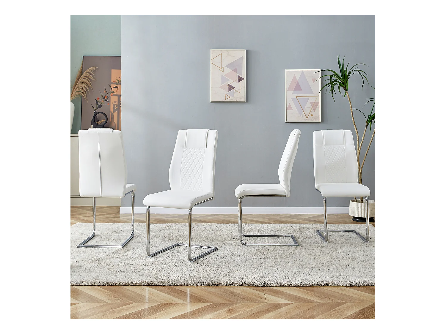 Lot de 4 chaises de salle à manger - Chaise de salle à manger avec dossier et patins antidérapants - pieds en métal argenté brillant - PU blanc