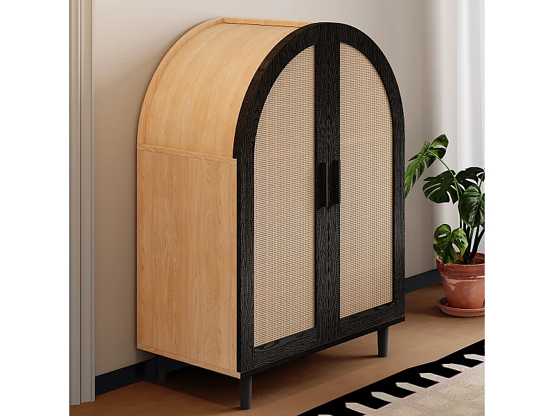 Schuhschrank aus Holz - Schuhschrank mit 2 Rattantüren und 3 Einlegeböden - für Wohn- und Eingangsbereich