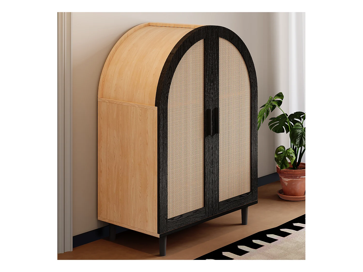 Meuble à chaussures bois - Meuble à chaussures avec 2 portes en rotin et 3 étagères - pour salons et entrées