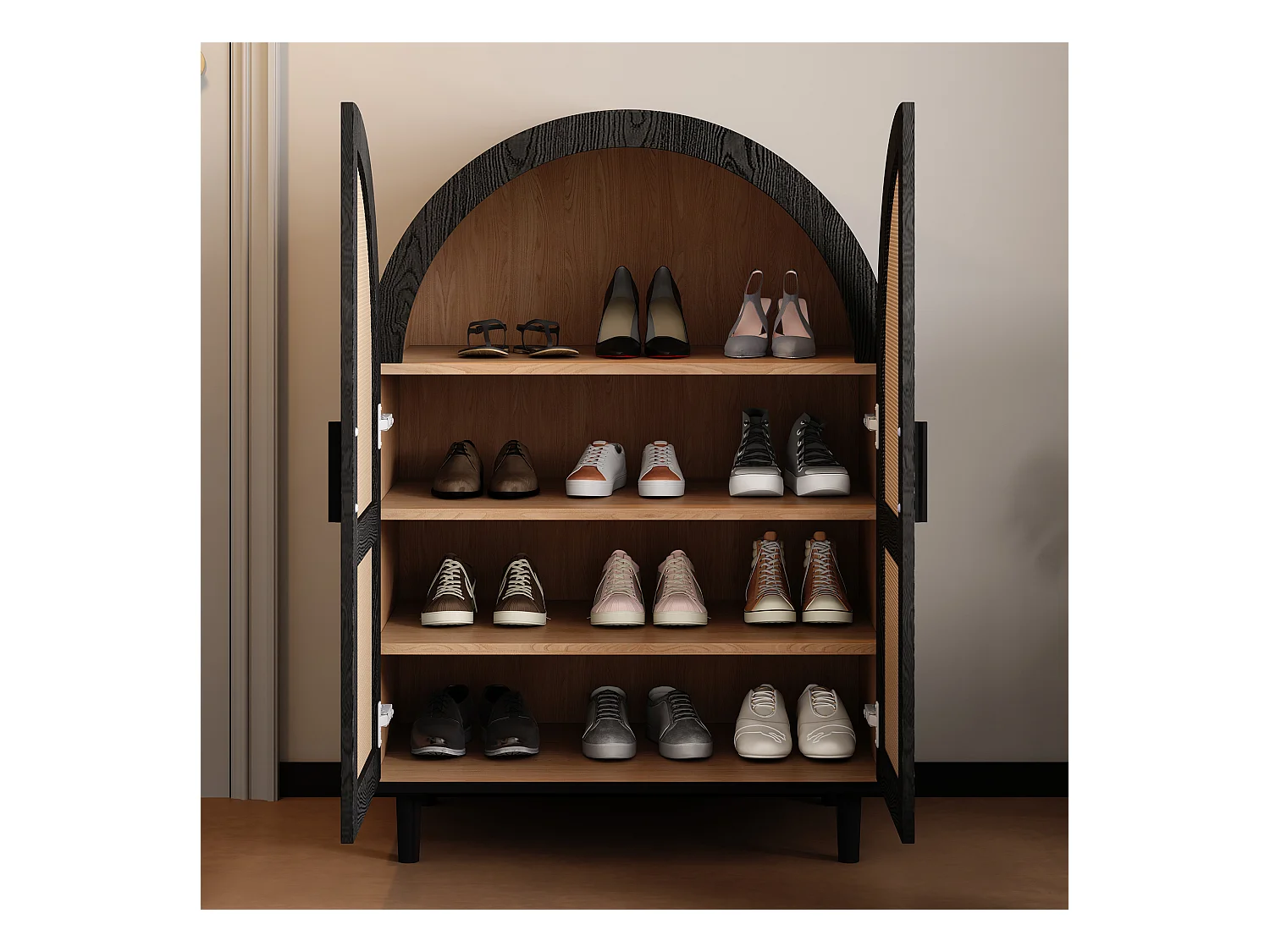 Meuble à chaussures bois - Meuble à chaussures avec 2 portes en rotin et 3 étagères - pour salons et entrées