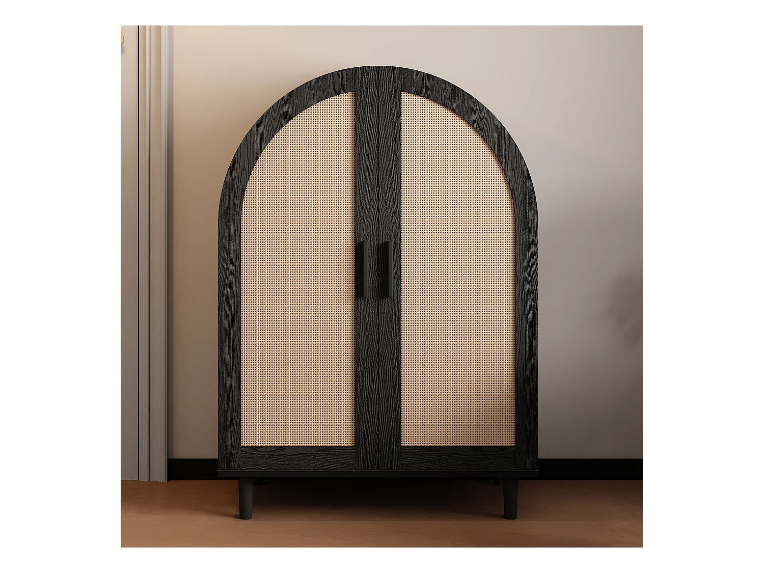 Meuble à chaussures bois - Meuble à chaussures avec 2 portes en rotin et 3 étagères - pour salons et entrées