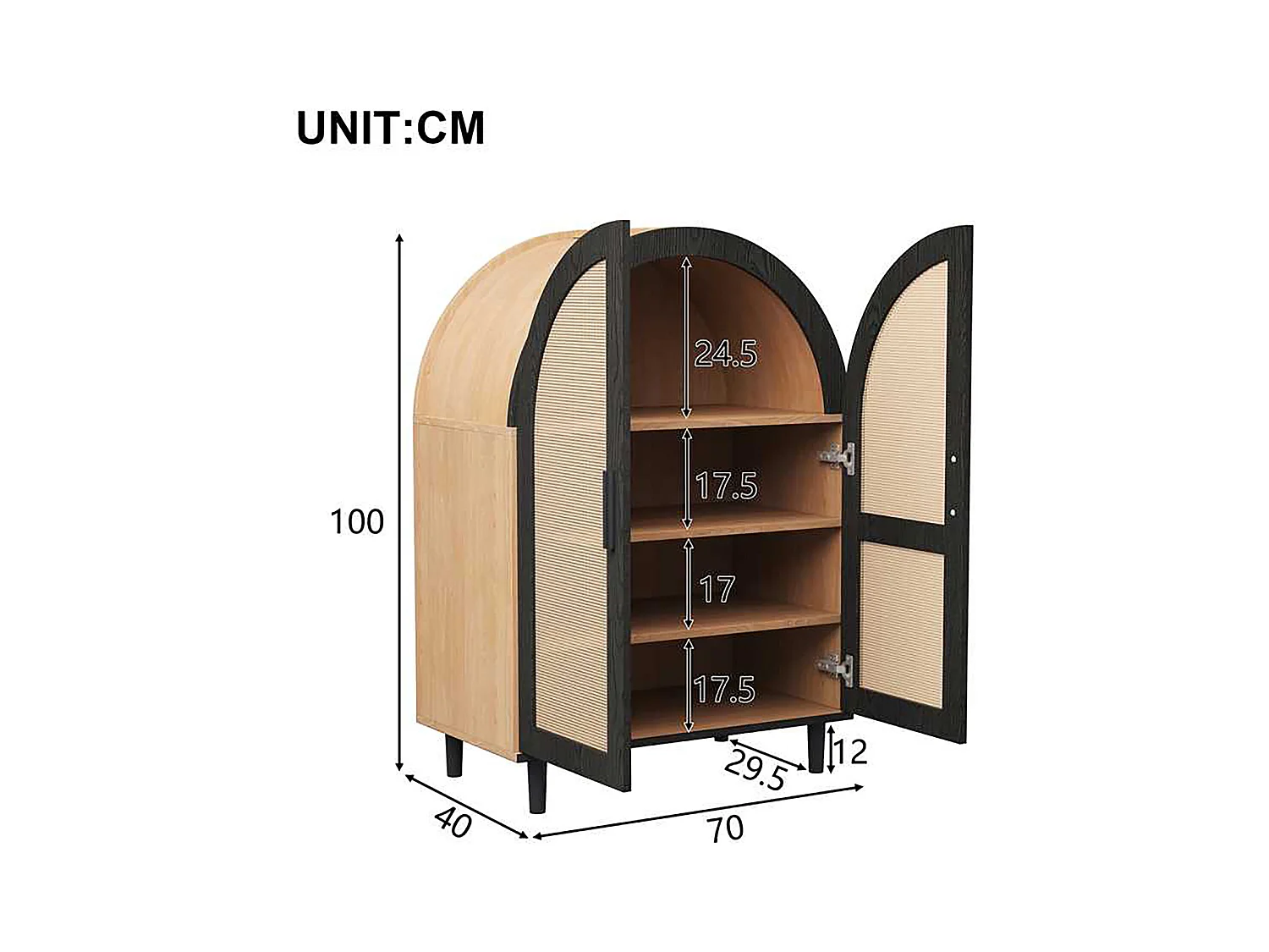Meuble à chaussures bois - Meuble à chaussures avec 2 portes en rotin et 3 étagères - pour salons et entrées