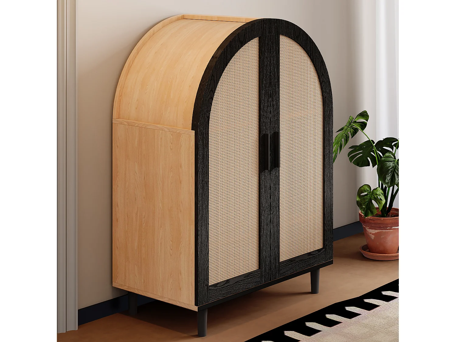 Meuble à chaussures bois - Meuble à chaussures avec 2 portes en rotin et 3 étagères - pour salons et entrées