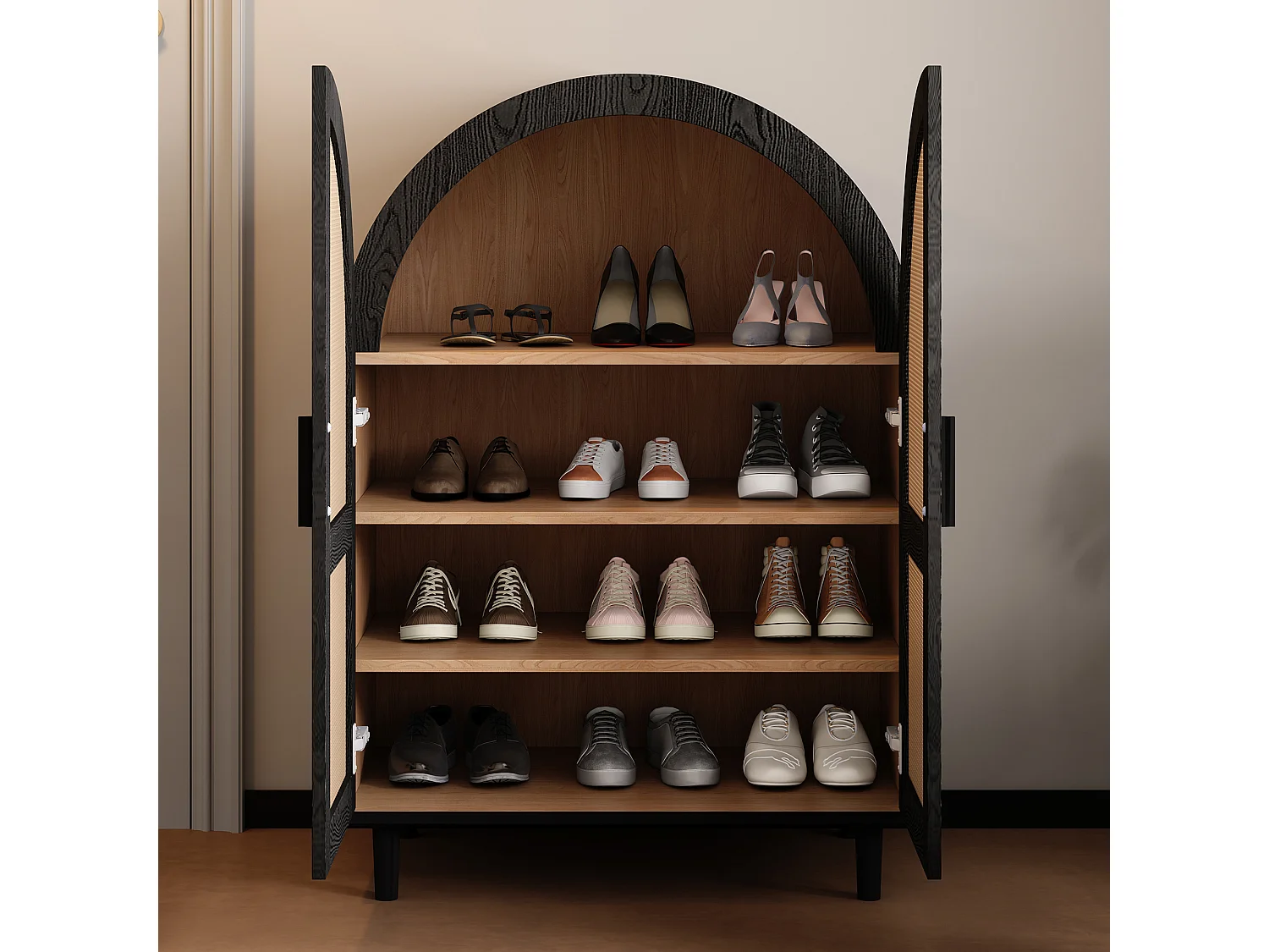 Meuble à chaussures bois - Meuble à chaussures avec 2 portes en rotin et 3 étagères - pour salons et entrées