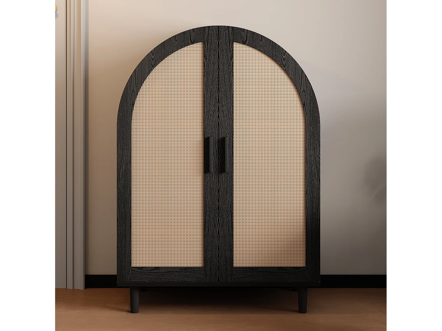 Meuble à chaussures bois - Meuble à chaussures avec 2 portes en rotin et 3 étagères - pour salons et entrées