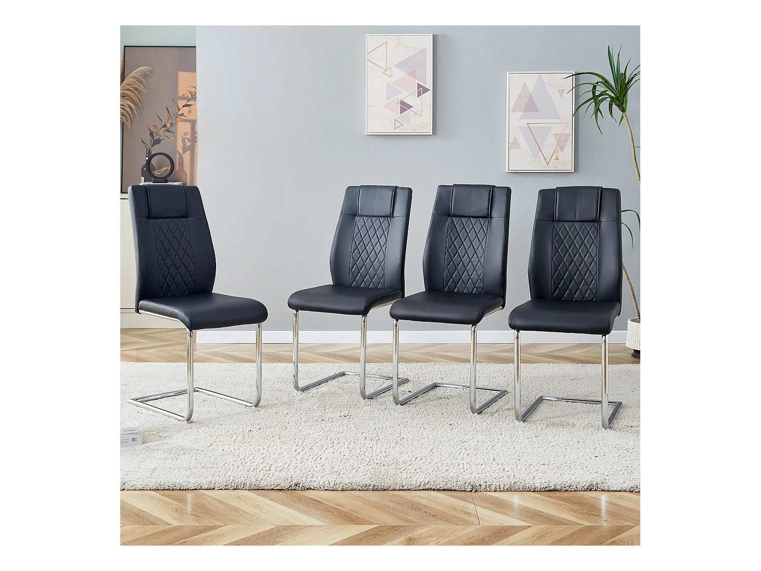 Lot de 4 chaises de salle à manger - Chaise de salle à manger avec dossier et patins antidérapants - pieds en métal argenté brillant - PU noir