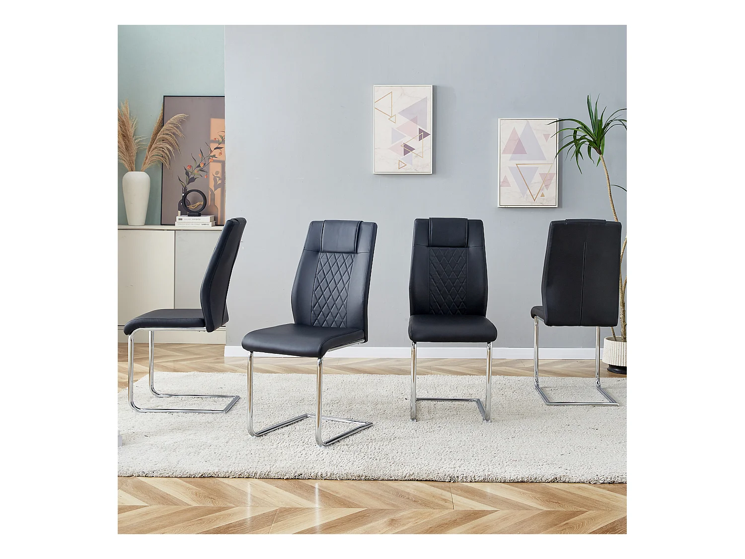 Lot de 4 chaises de salle à manger - Chaise de salle à manger avec dossier et patins antidérapants - pieds en métal argenté brillant - PU noir