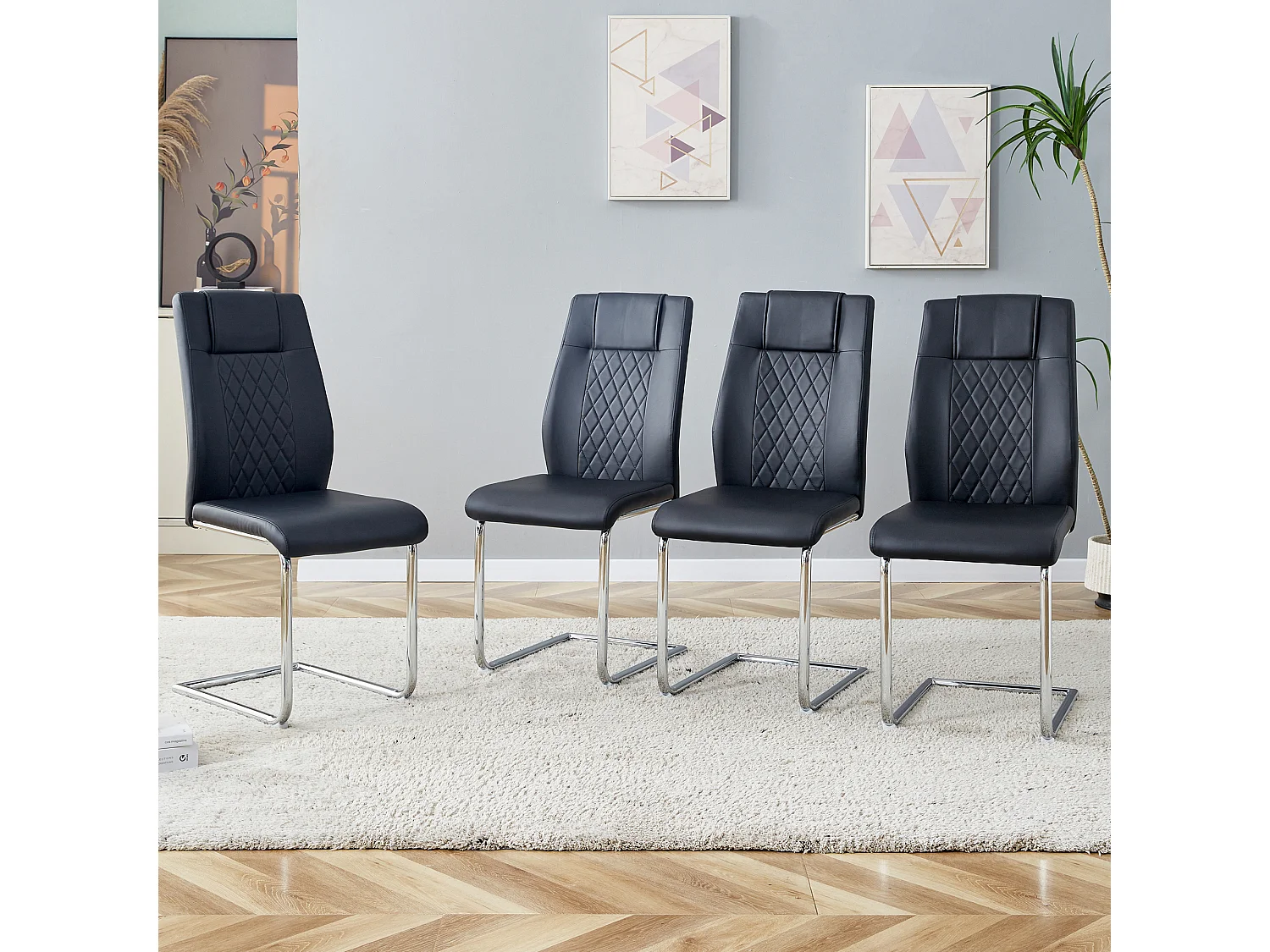 Lot de 4 chaises de salle à manger - Chaise de salle à manger avec dossier et patins antidérapants - pieds en métal argenté brillant - PU noir