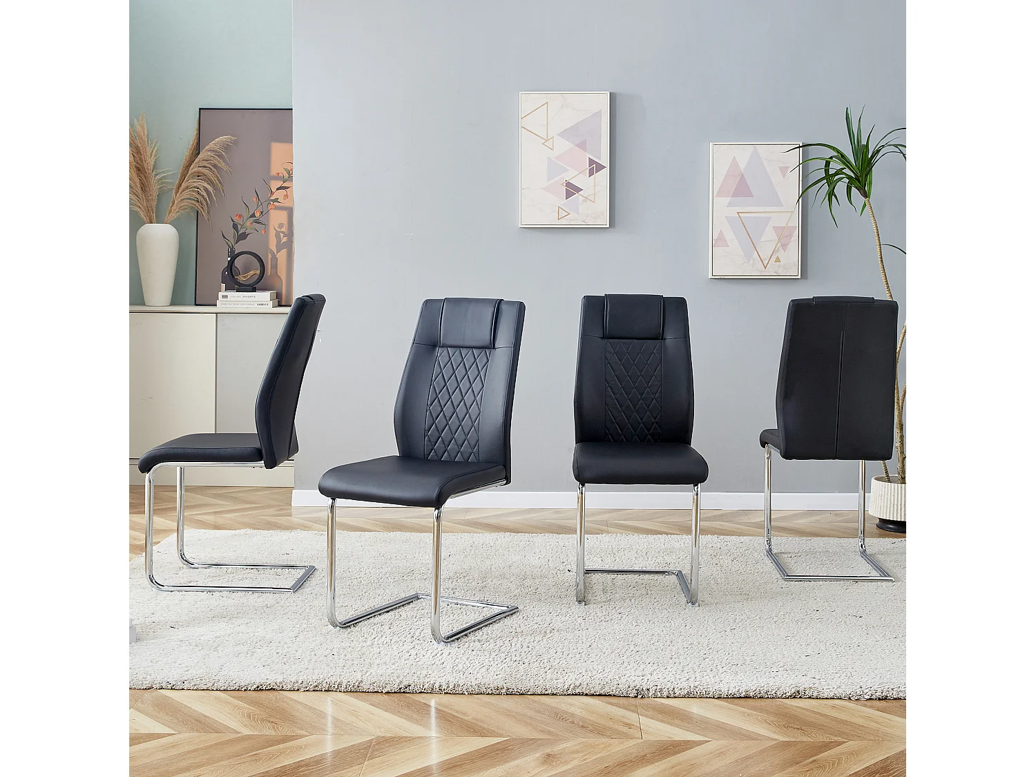 Lot de 4 chaises de salle à manger - Chaise de salle à manger avec dossier et patins antidérapants - pieds en métal argenté brillant - PU noir
