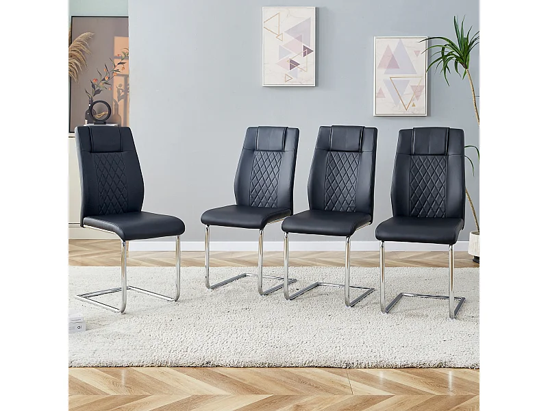 Lot de 4 chaises de salle à manger - Chaise de salle à manger avec dossier et patins antidérapants - pieds en métal argenté brillant - PU noir