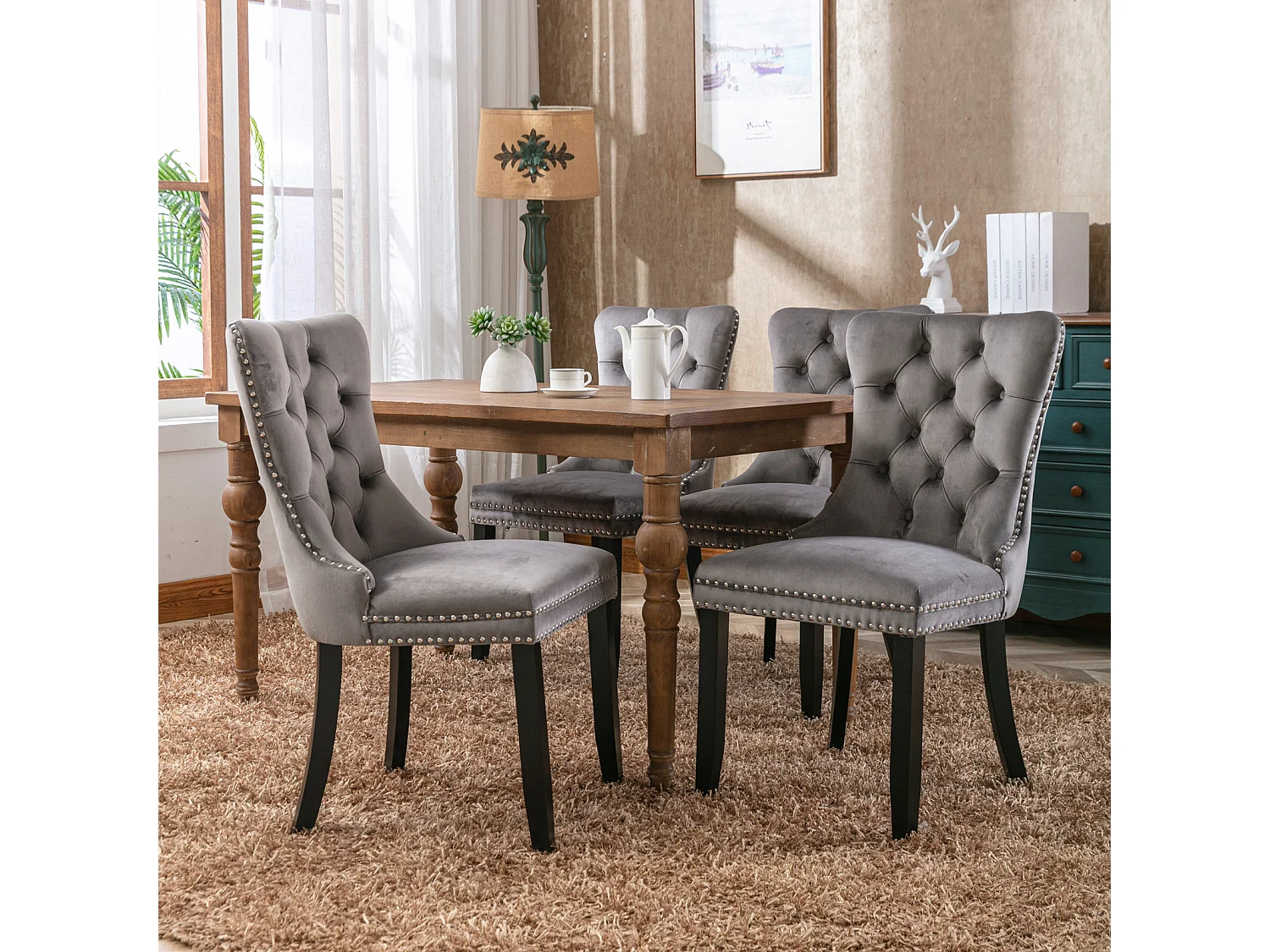 Lot de 2 chaises de salle à manger - Chaises avec dossier rembourré, pieds en bois et garniture cloutée - velours gris