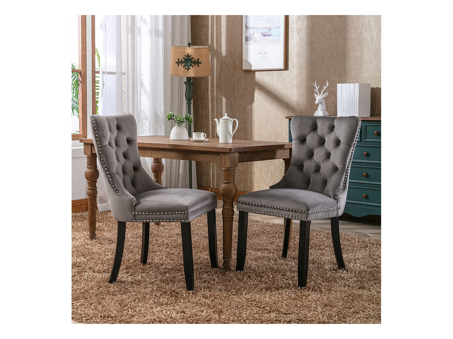 Lot de 2 chaises de salle à manger - Chaises avec dossier rembourré, pieds en bois et garniture cloutée - velours gris