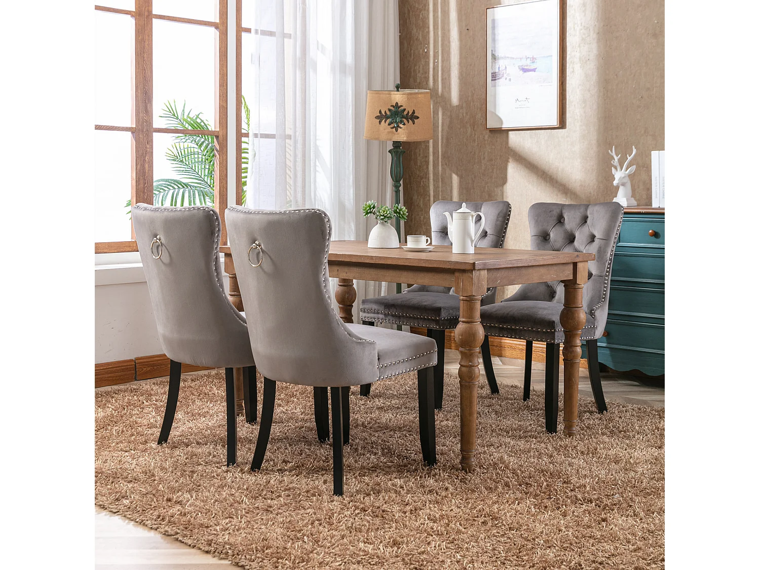 Set van 2 eetkamerstoelen - Stoelen met gewatteerde rugleuningen, houten poten en spijkerkopafwerking - grijs fluweel