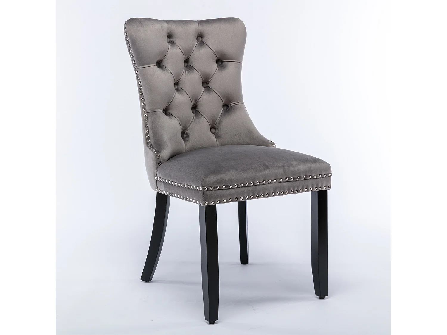 Set van 2 eetkamerstoelen - Stoelen met gewatteerde rugleuningen, houten poten en spijkerkopafwerking - grijs fluweel