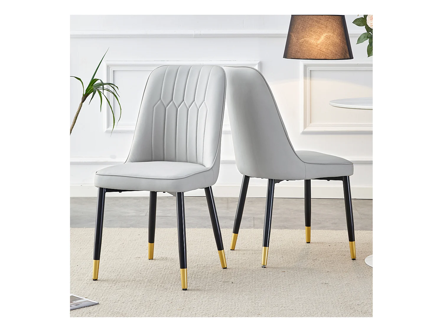 Lot de 2 chaises de salle à manger - Chaises avec dossiers et pieds en métal noir - PU gris - pour salles à manger et cuisines