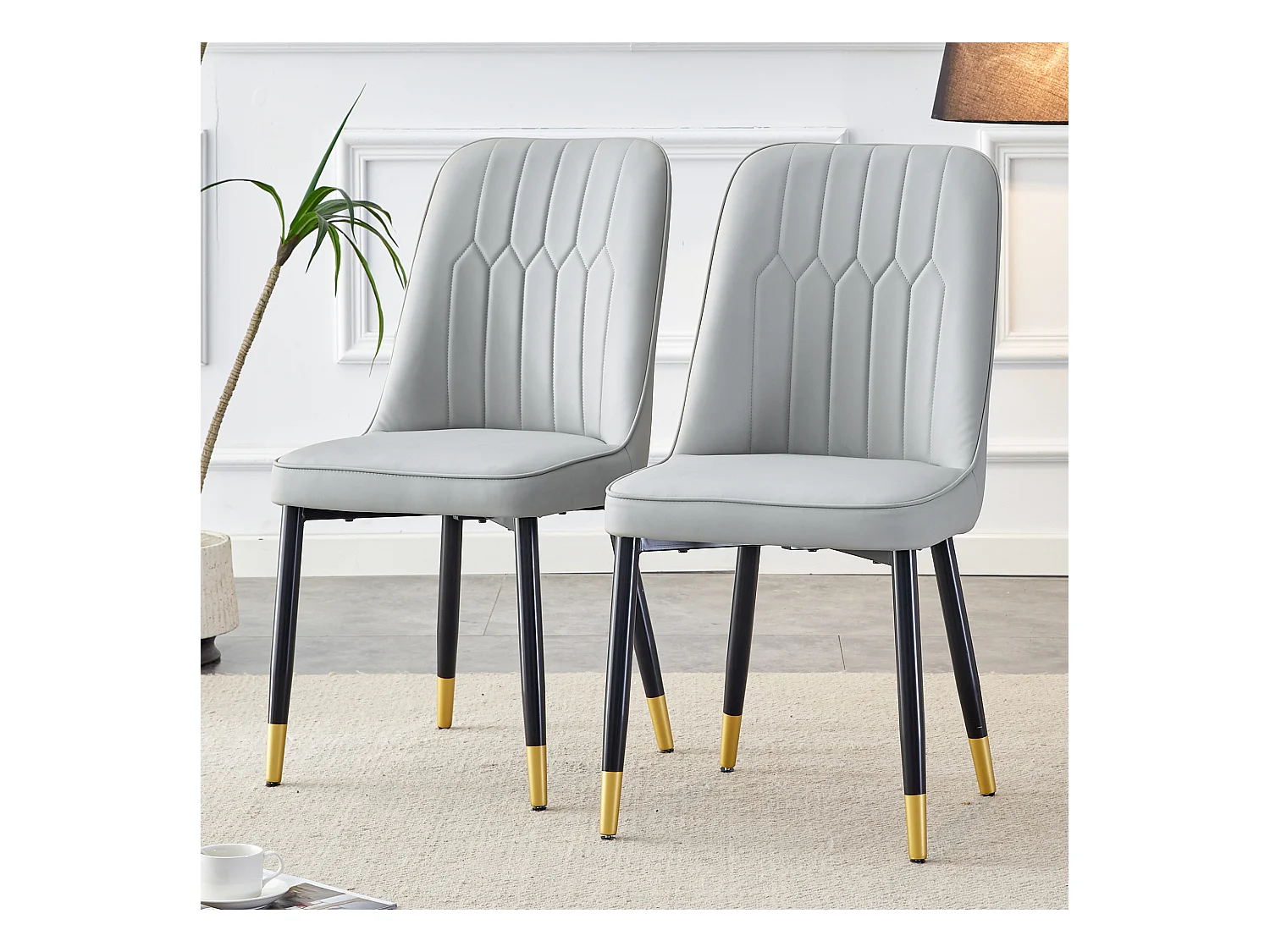 Lot de 2 chaises de salle à manger - Chaises avec dossiers et pieds en métal noir - PU gris - pour salles à manger et cuisines
