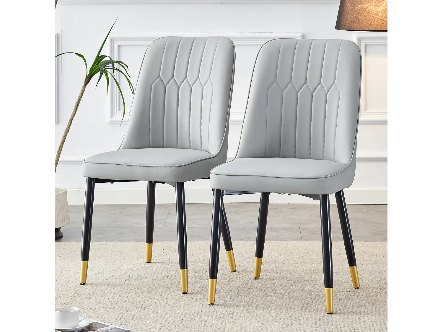 Lot de 2 chaises de salle à manger - Chaises avec dossiers et pieds en métal noir - PU gris - pour salles à manger et cuisines