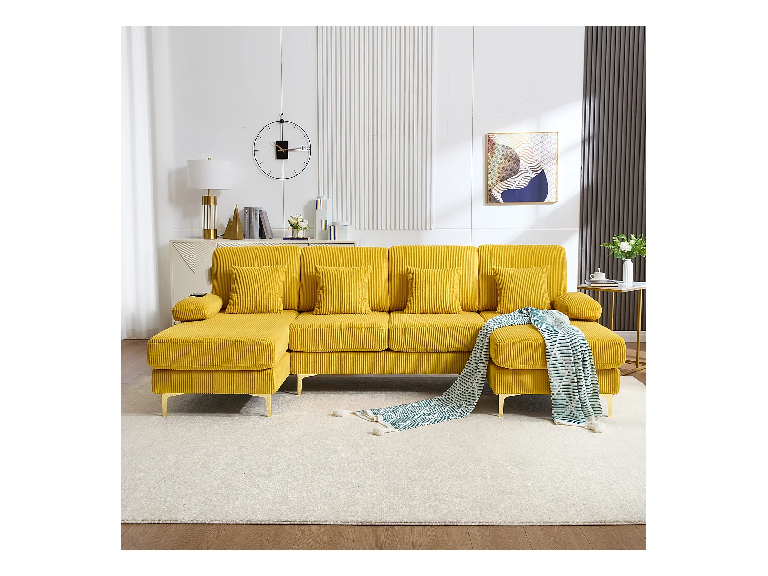 Canapé d'angle en velours -  Canapé d'angle avec éclairage LED et 4 coussins - port USB et accoudoirs - jaune