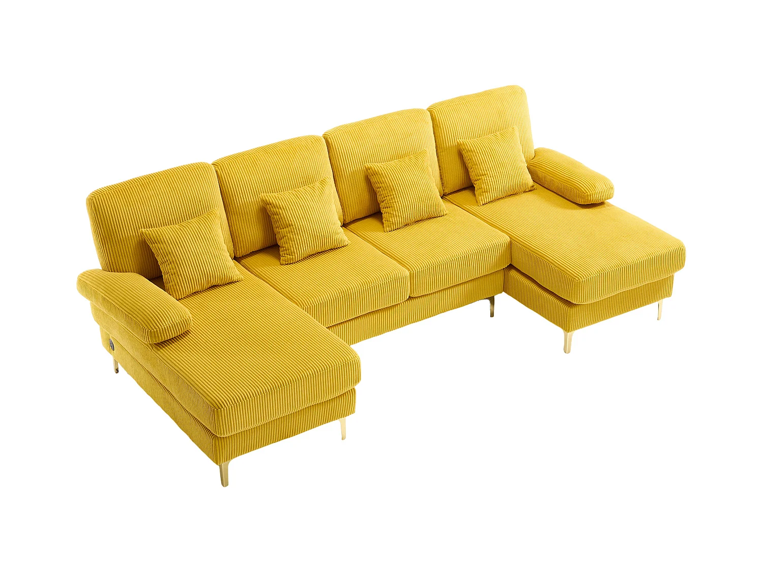 Canapé d'angle en velours -  Canapé d'angle avec éclairage LED et 4 coussins - port USB et accoudoirs - jaune