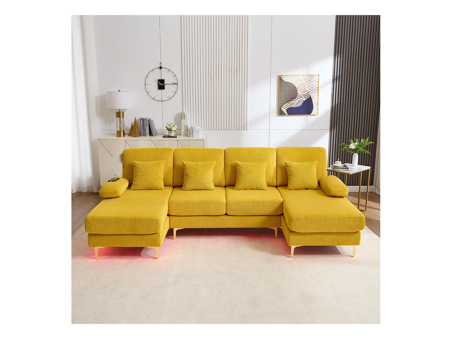 Canapé d'angle en velours -  Canapé d'angle avec éclairage LED et 4 coussins - port USB et accoudoirs - jaune